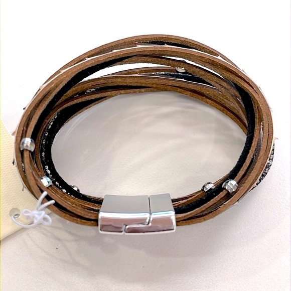 Brand New Multi-Strap Genuine Leather Wrap Magnetic Metallic Stack Bracelet - Picture 7 of 13